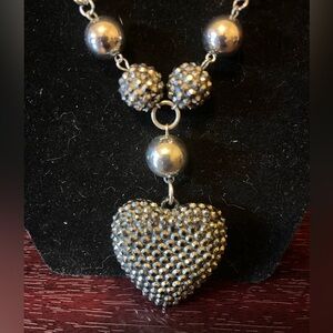 Vintage Large Puffy Silver Heart Pendant Necklace